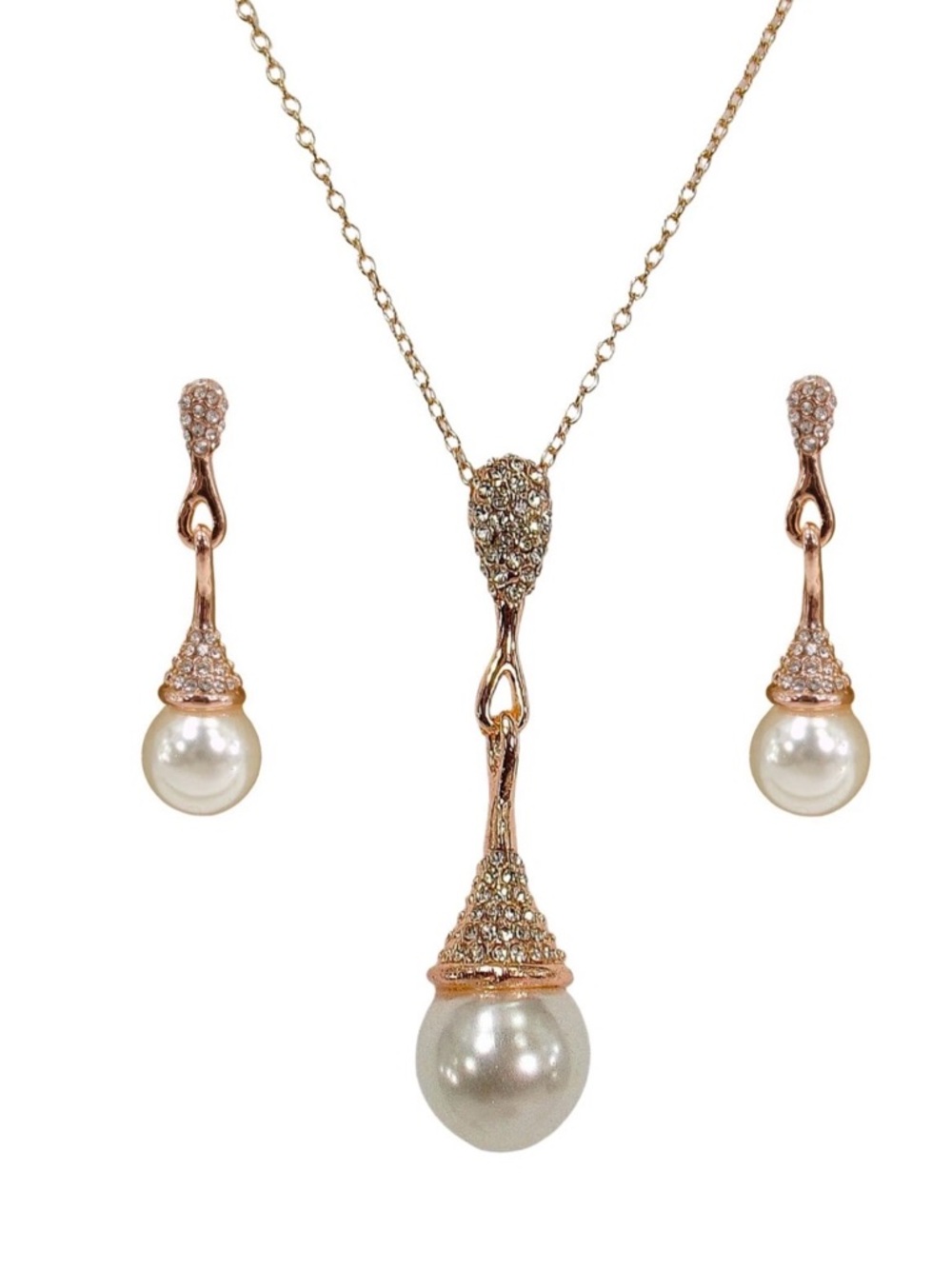 Pearl and crystal pendant necklace and matching pearl earrings rose gold finish